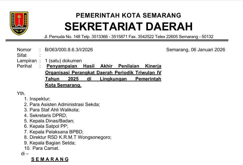 Penyampaian Hasil Akhir Penilaian Kinerja Organiasi Perangkat Daerah Periode Triwulan IV dan Tahunan - Tahun 2025 di Lingkungan Pemerintah Kota Semarang